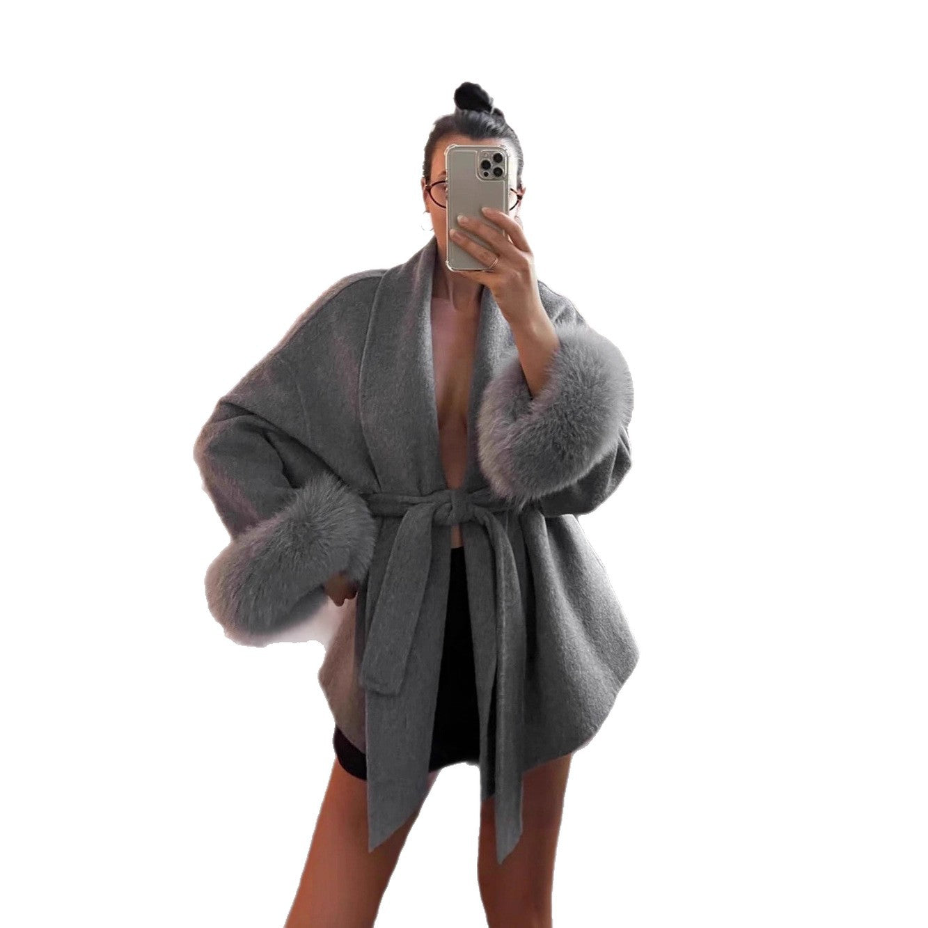 Fur V-neck Woolen Coat with Lace-Up Detail