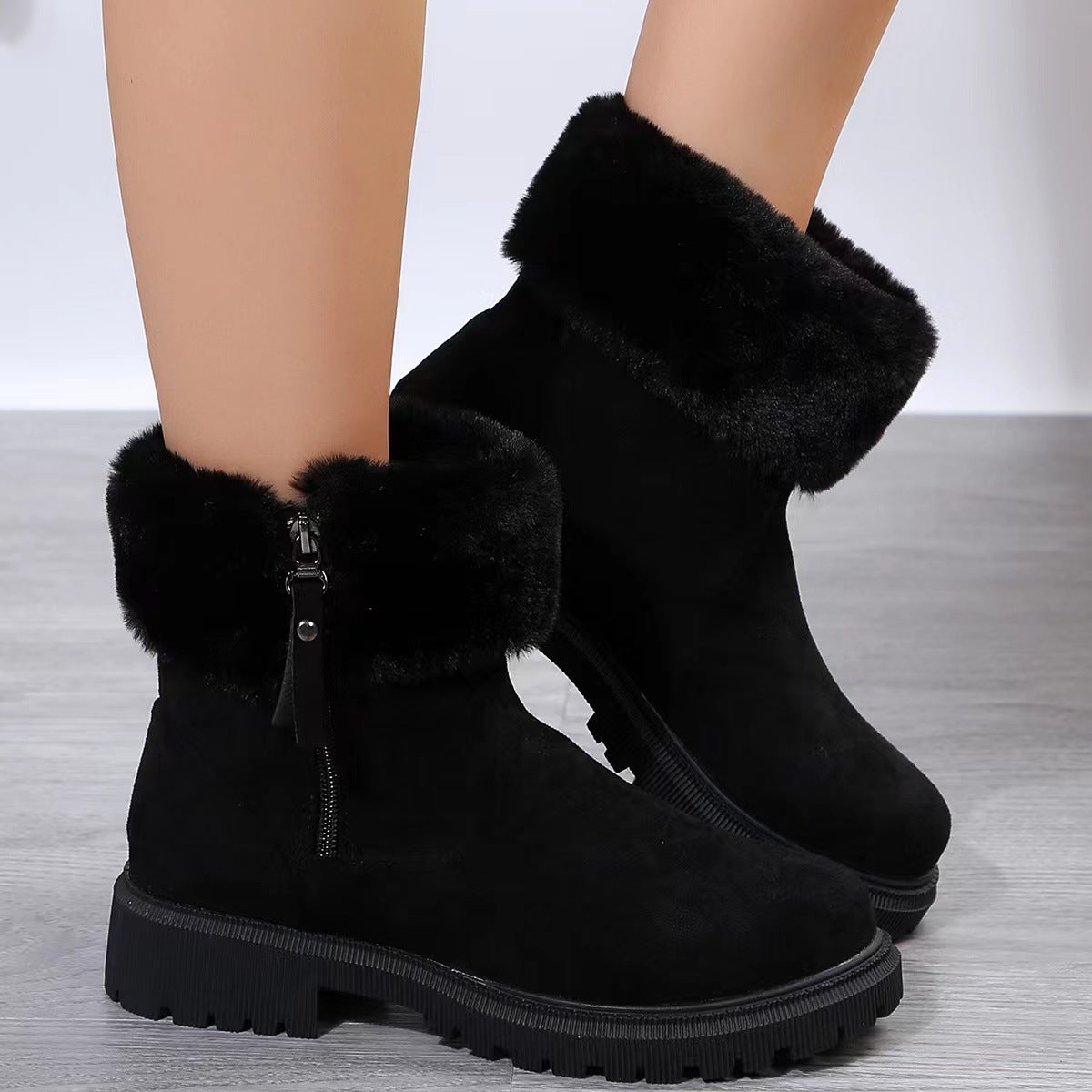 Warm Plush Winter Boots – Side-Zipper Low-Heeled Snow Shoes