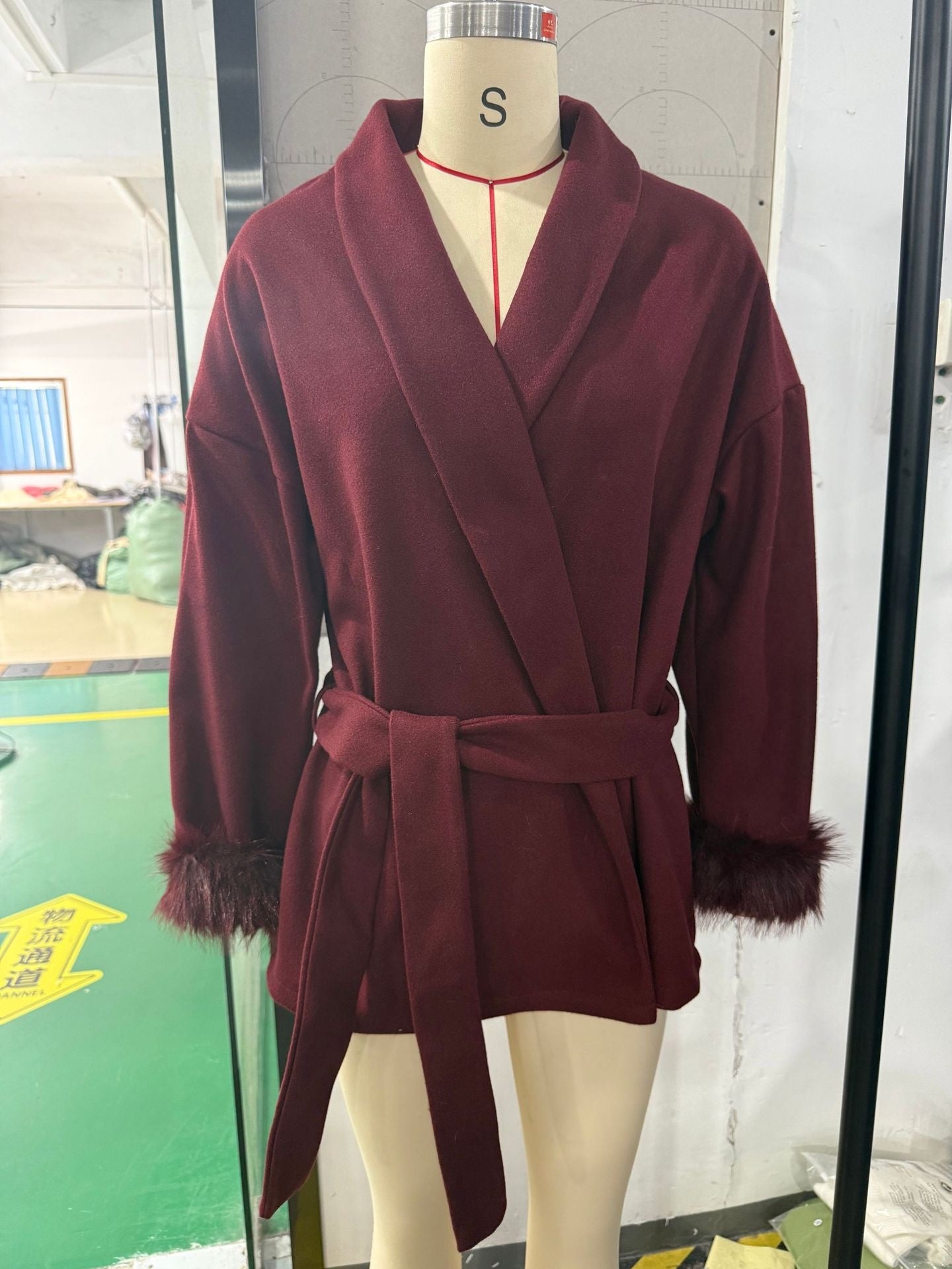 Fur V-neck Woolen Coat with Lace-Up Detail