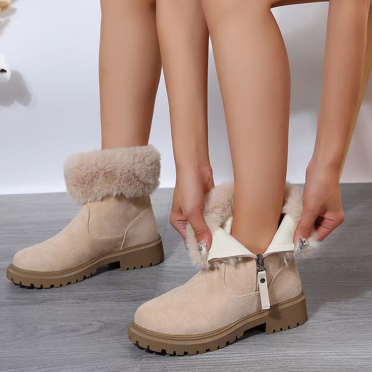 Warm Plush Winter Boots – Side-Zipper Low-Heeled Snow Shoes