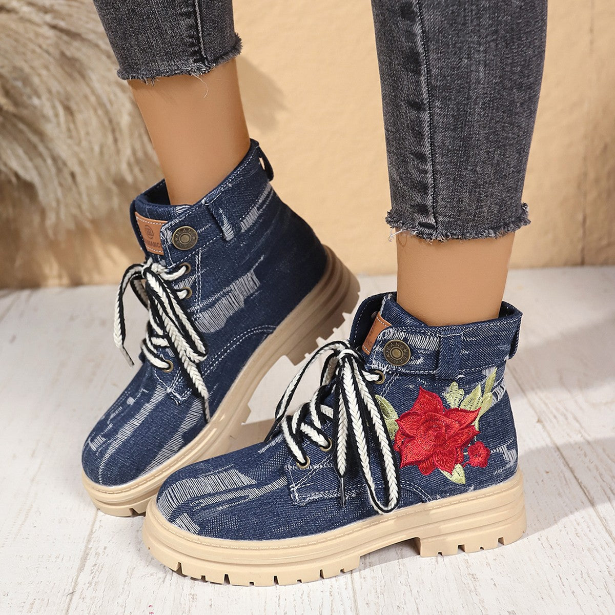 Lace-up Canvas Boots with Rose Embroidery and Thick Heel