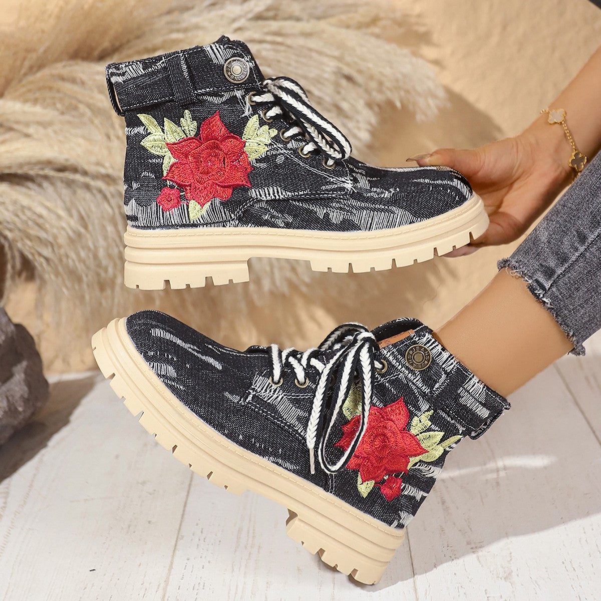 Lace-up Canvas Boots with Rose Embroidery and Thick Heel