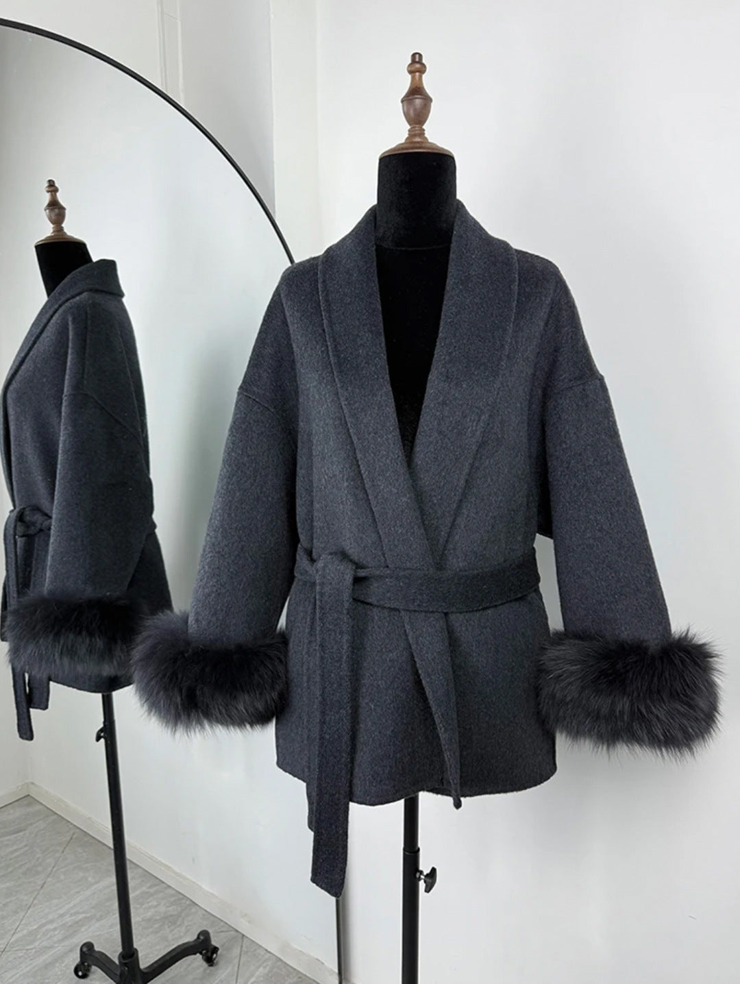 Fur V-neck Woolen Coat with Lace-Up Detail