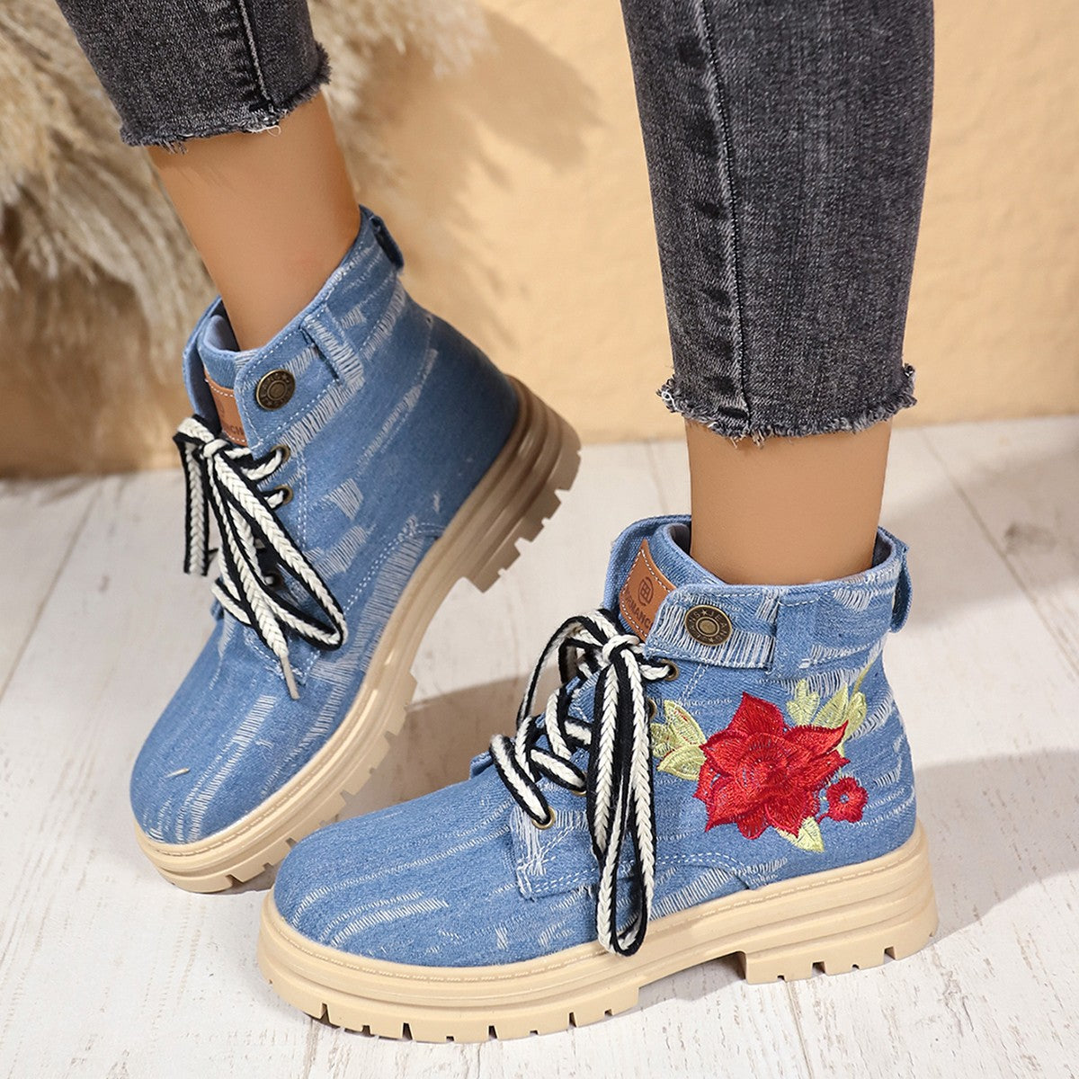 Lace-up Canvas Boots with Rose Embroidery and Thick Heel