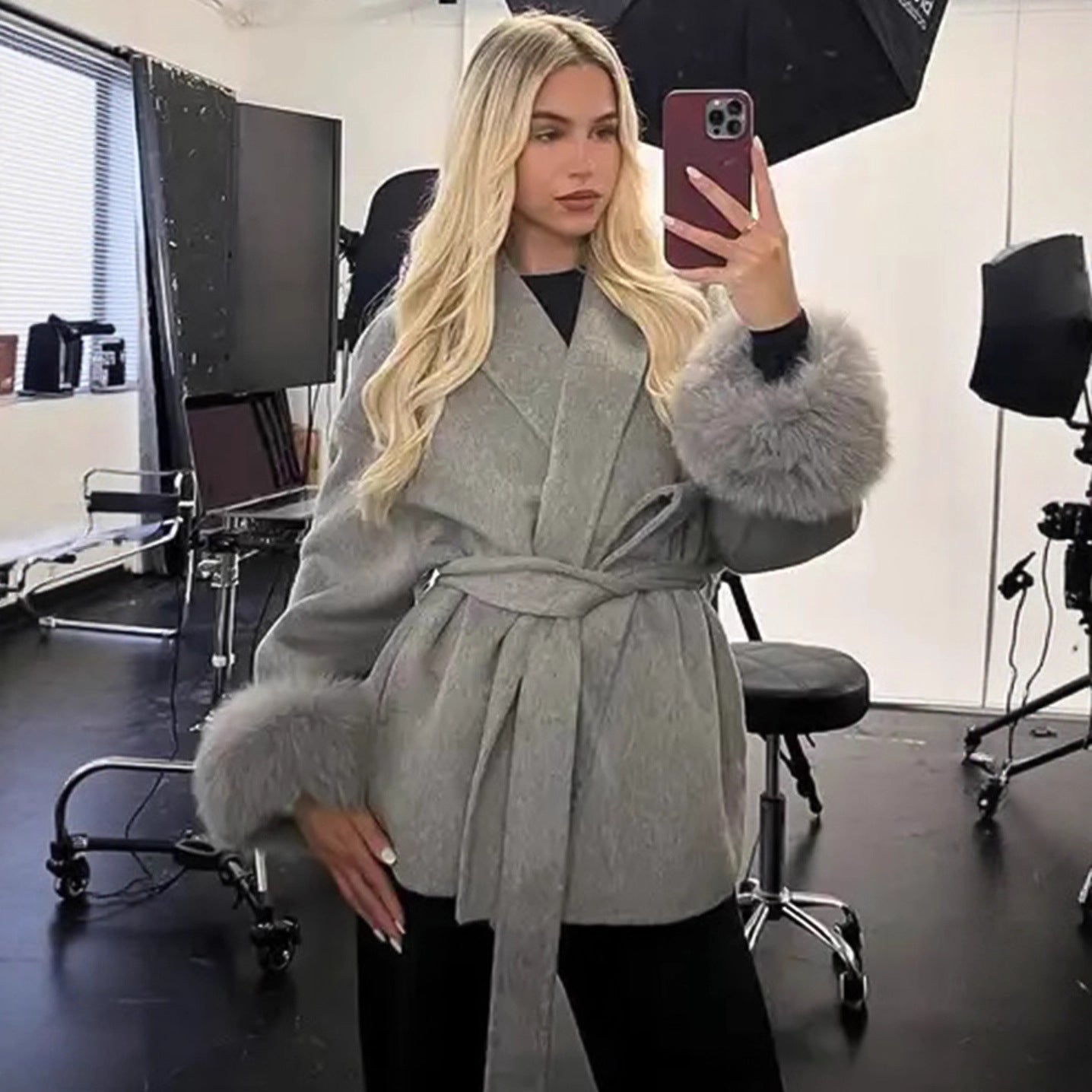 Fur V-neck Woolen Coat with Lace-Up Detail