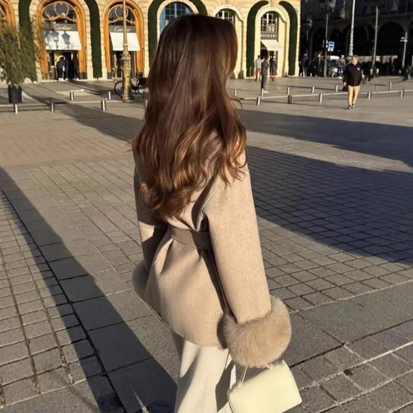 Fur V-neck Woolen Coat with Lace-Up Detail