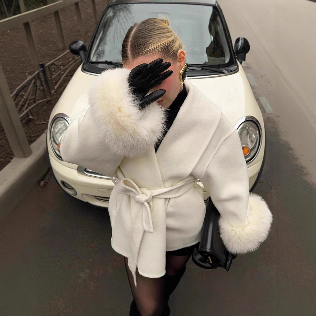 Fur V-neck Woolen Coat with Lace-Up Detail